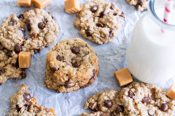 Caramel-Stuffed Oatmeal Chocolate Chip Cookie