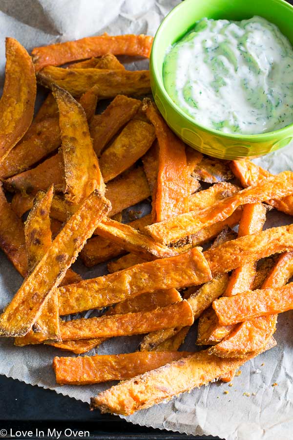 Sweet Potato Fries with Dill Dip | Love In My Oven