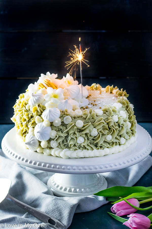 Matcha-Almond Layer Cake with Meringue Mushrooms - Sprinkle Bakes