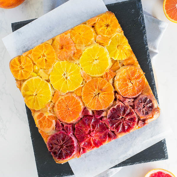 Warm orange and whisky upside-down cake