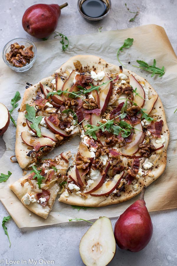 Spicy Chorizo Pizza with Caramelized Onions, Goat Cheese