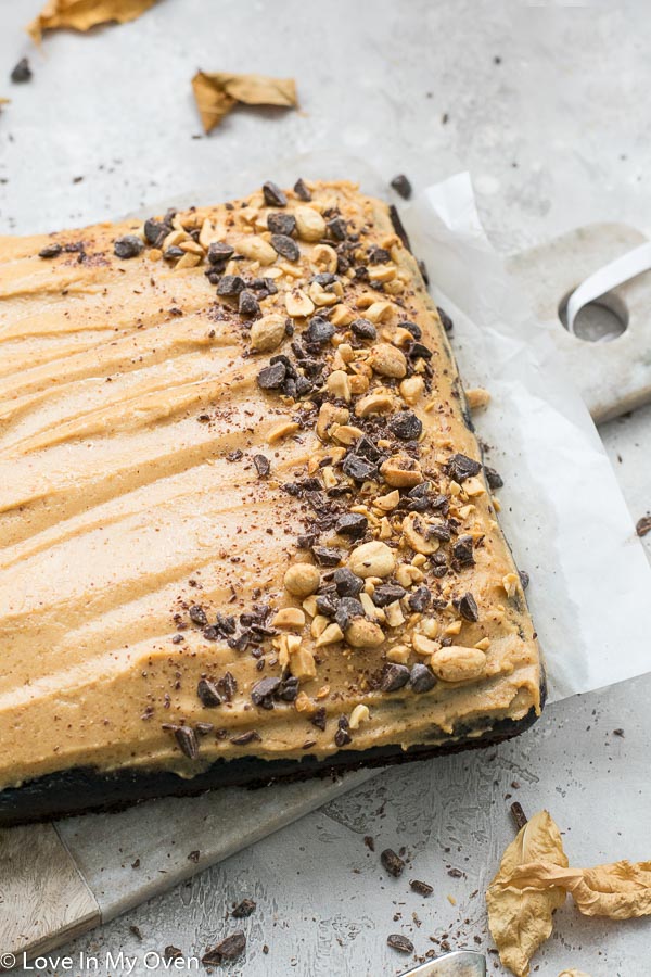 healthier chocolate and peanut butter sheet cake