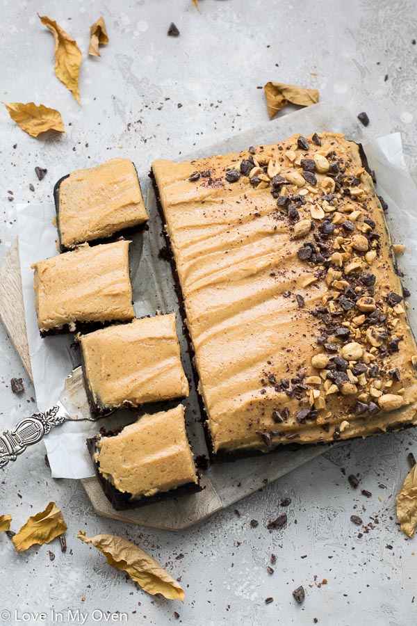 healthier chocolate and peanut butter sheet cake
