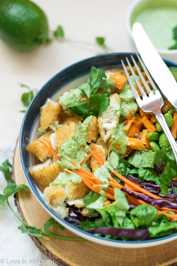 crispy fish buddha bowl