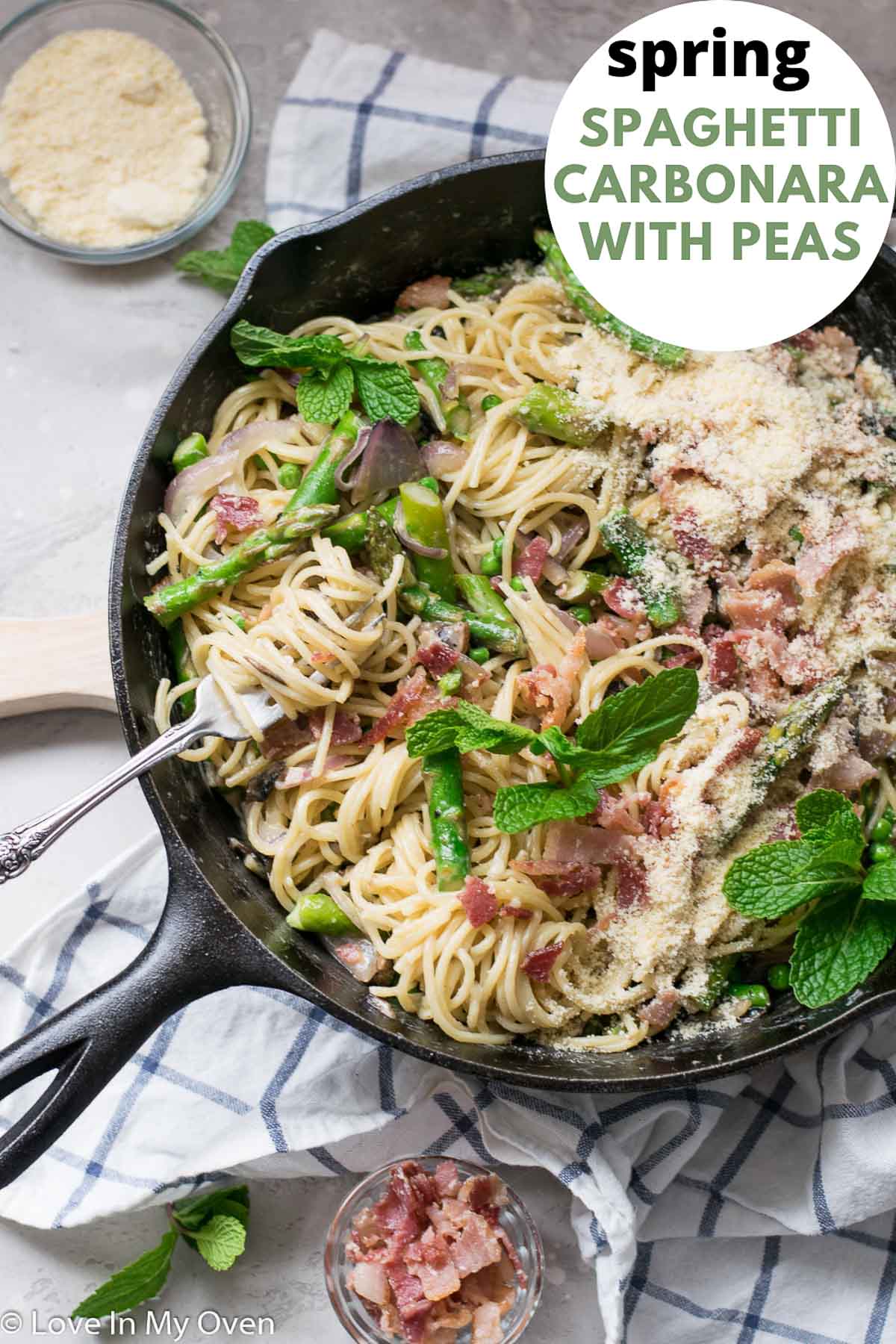 Spaghetti Carbonara with Peas and Asparagus